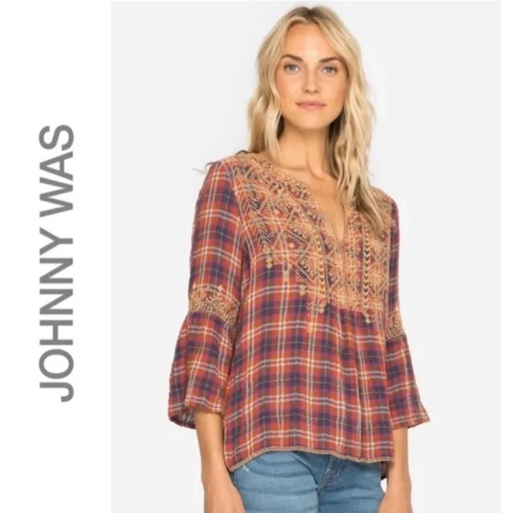 Johnny Was Red Plaid Embroidered Peasant Blouse - Picture 2 of 13